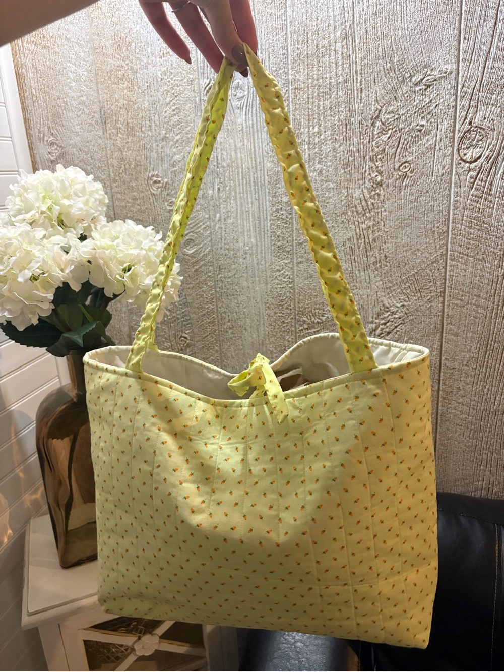 Yellow Quilted Floral Tote Bag with Tie Closure